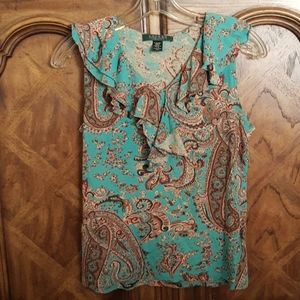 Lauren Ralph Lauren Cotton Knit Paisley Sleeveless Ruffle Front Top, Pet…